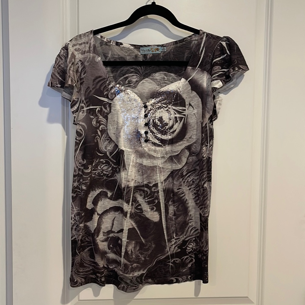 Black and White Floral Top with Sequins